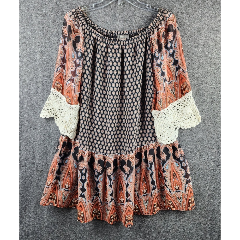Umgee Tunic Top Womens M A9635 Paisley Black Orange Crochet Bell Sleeve EUC